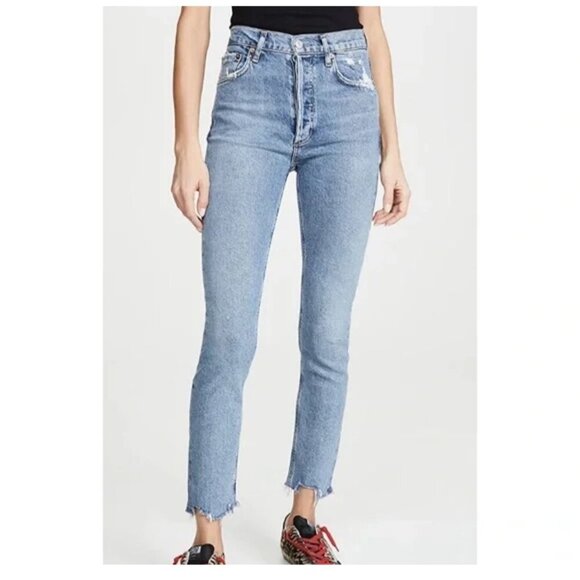 Agolde Nico Highrise crop jeans frayed hems, Blue, Size 27 L78 - Picture 1 of 11